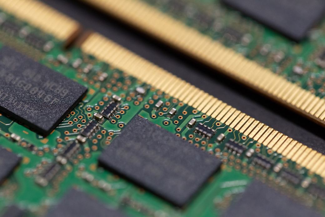 Close-up of memory modules on a circuit board